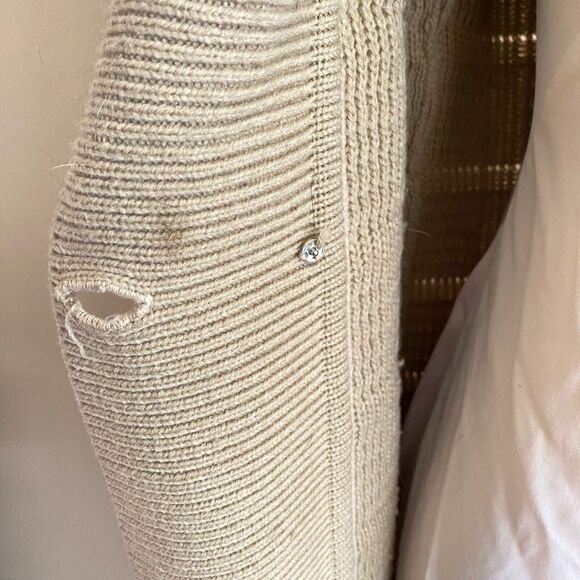 Vintage Loretta Double Button Long Knitted Tan Coat Size L w/ Animal Fur Collar - Picture 9 of 10